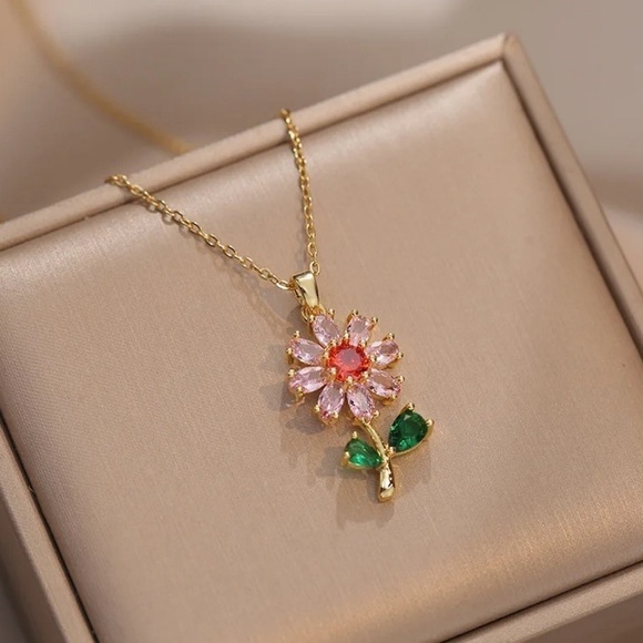 Moon Goddess Emporium Jewelry - 18K Gold Pink Gemstone Flower Necklace With Natural